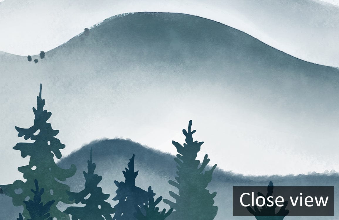 Serene Misty Mountains Watercolour Wallpaper Close View in Calming Blue Hues, Artistic Design.