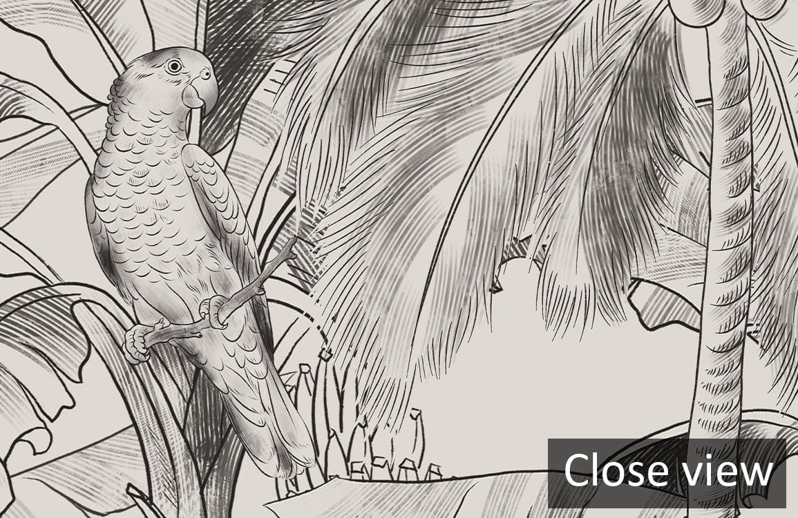 Vintage Safari Jungle Mural Wallpaper featuring giraffes, palms, and parrot in monochrome; close view.