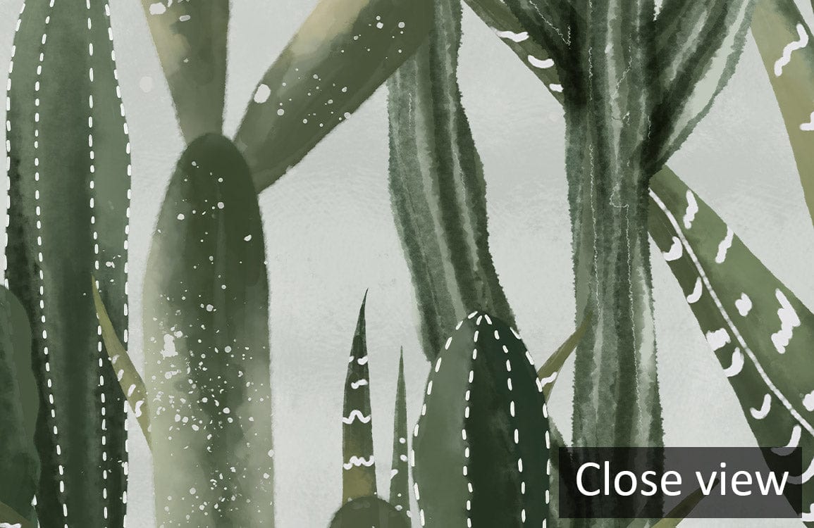 Close-up of Elegant Green Cactus Mural Wallpaper, Desert Botanical Oasis Design, featuring detailed cactus patterns.
