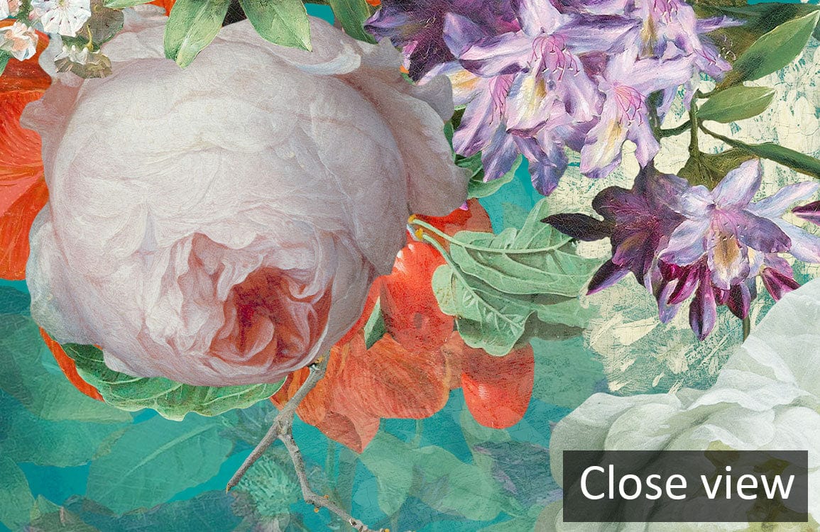Close-up of Vibrant Floral Symphony: Teal Garden Elegance Mural Wallpaper, showcasing detailed floral design.