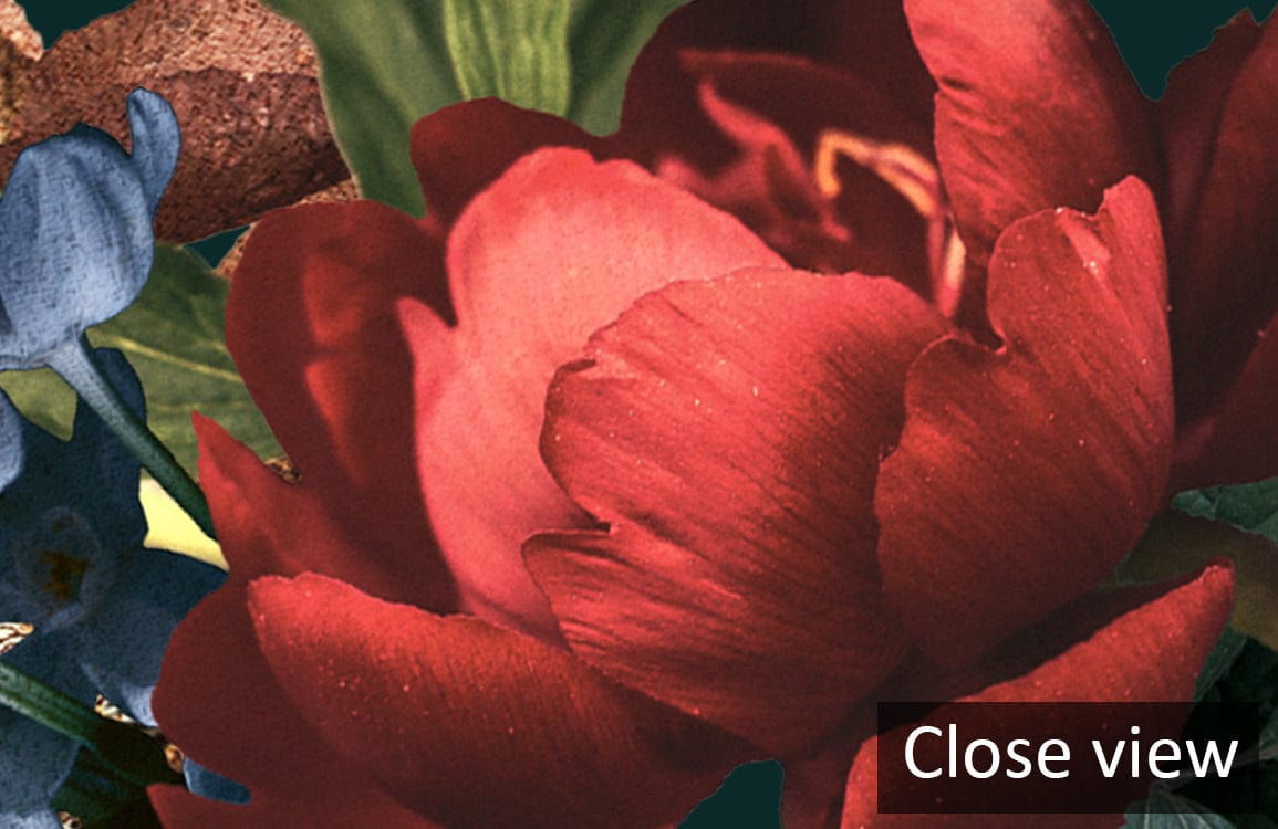 Close-up of Luxurious Dark Floral Garden Mural Wallpaper featuring vibrant, rich blooms, enhancing space.