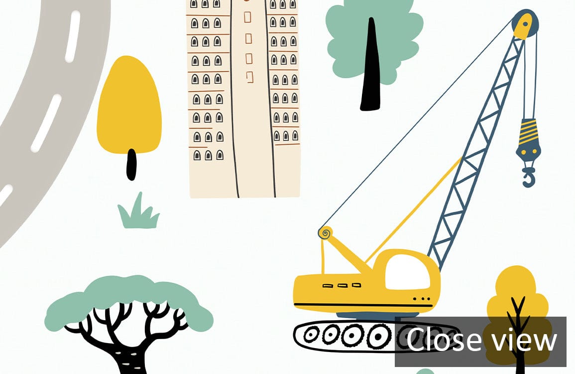 Colourful City Adventure Children's Wallpaper featuring playful roads, vehicles, and cranes for vibrant rooms.