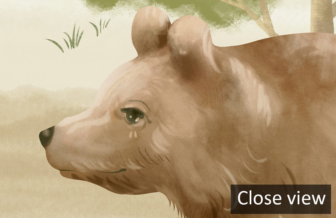 Watercolour bear mural in soft greens, part of Scenic Forest Adventure wallpaper collection, close view.