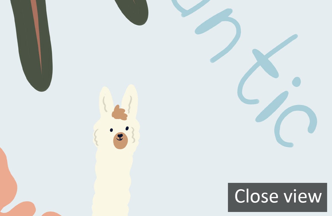 Close-up of Whimsical World Map Mural Wallpaper featuring a llama and playful text elements.
