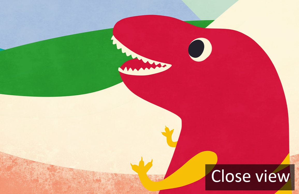 Colourful Dinosaur Adventure Mural Wallpaper close-up for vibrant kids room decor, featuring playful dinosaur design.
