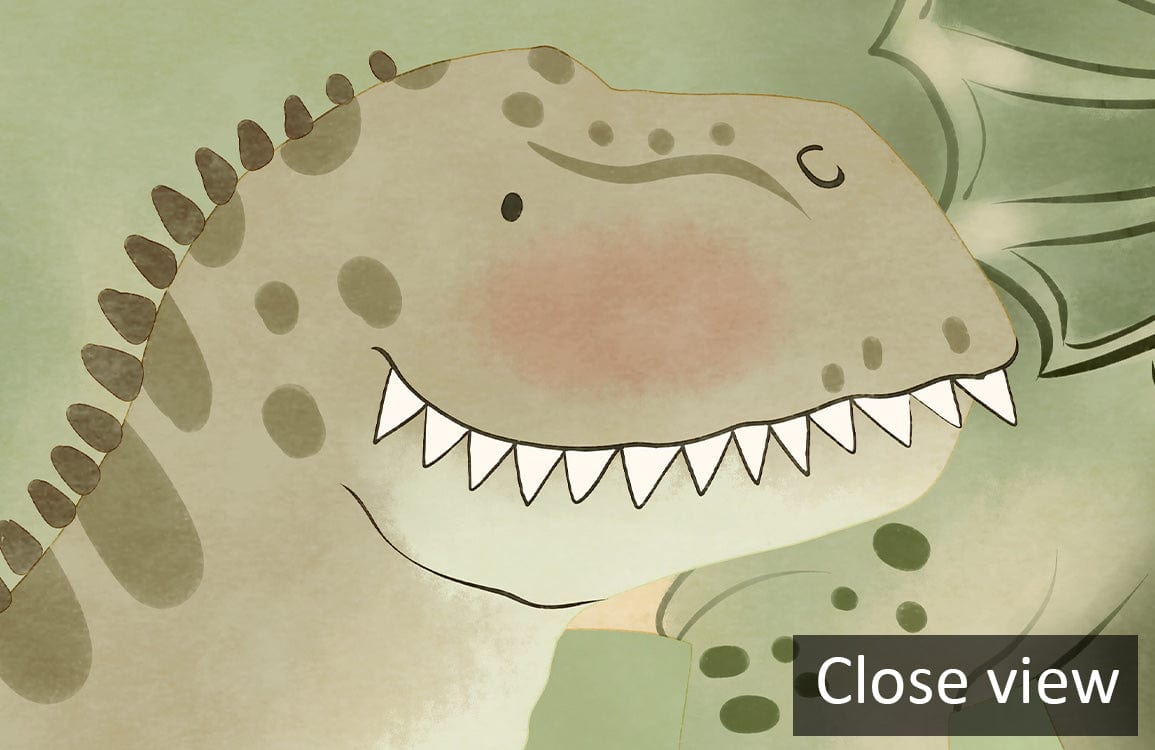 Close-up of Dinosaur Adventure Mural Wallpaper featuring a colourful, prehistoric jungle creature for kids.
