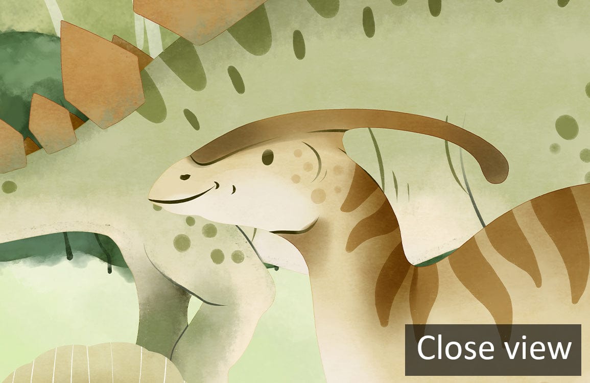 Close-up of Enchanting Dinosaur Jungle Mural Wallpaper, green dinosaur theme for children's room decor.