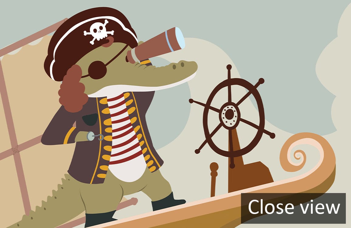 Playful Pirate Adventure Mural Wallpaper for Children's Room, featuring a crocodile pirate, nautical theme.