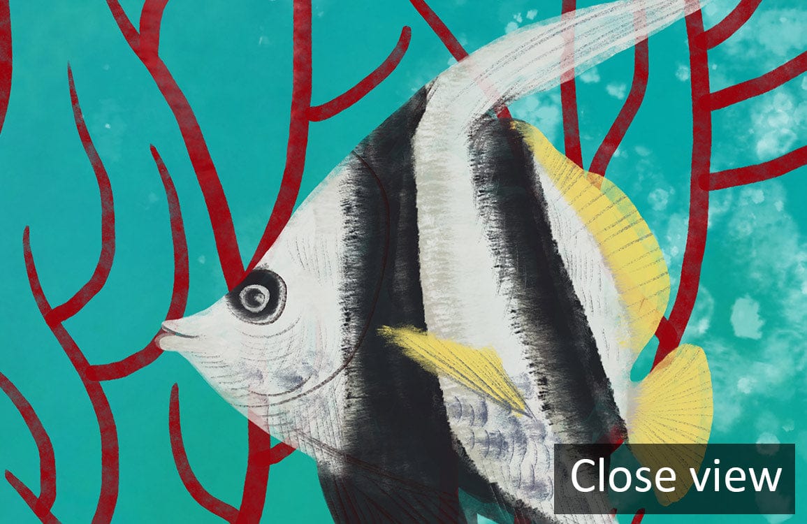 Close view of Tropical Underwater Paradise Mural Wallpaper showcasing vibrant coral reef design and fish.
