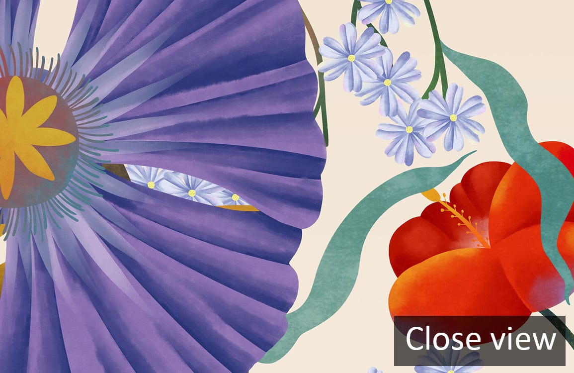 Colourful floral mural wallpaper in earthy tones, featuring blue, purple, and red flowers; close-up view.