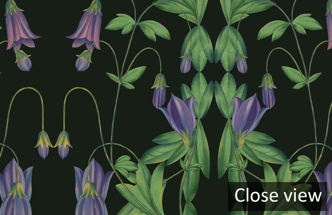 Close-up of dark botanical wallpaper featuring vibrant green foliage and purple flowers against black background.