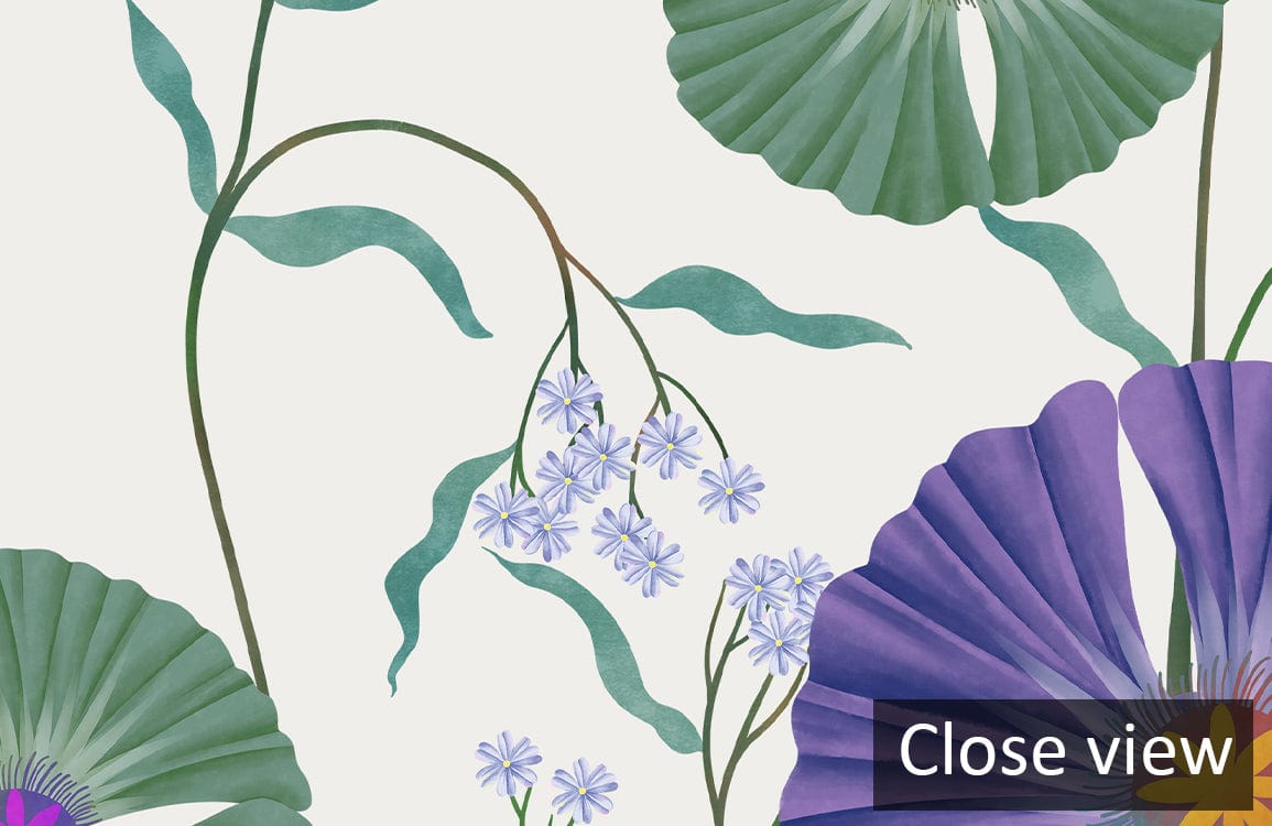 Close view of vintage purple floral wallpaper with green accents, perfect for elegant interior decor.