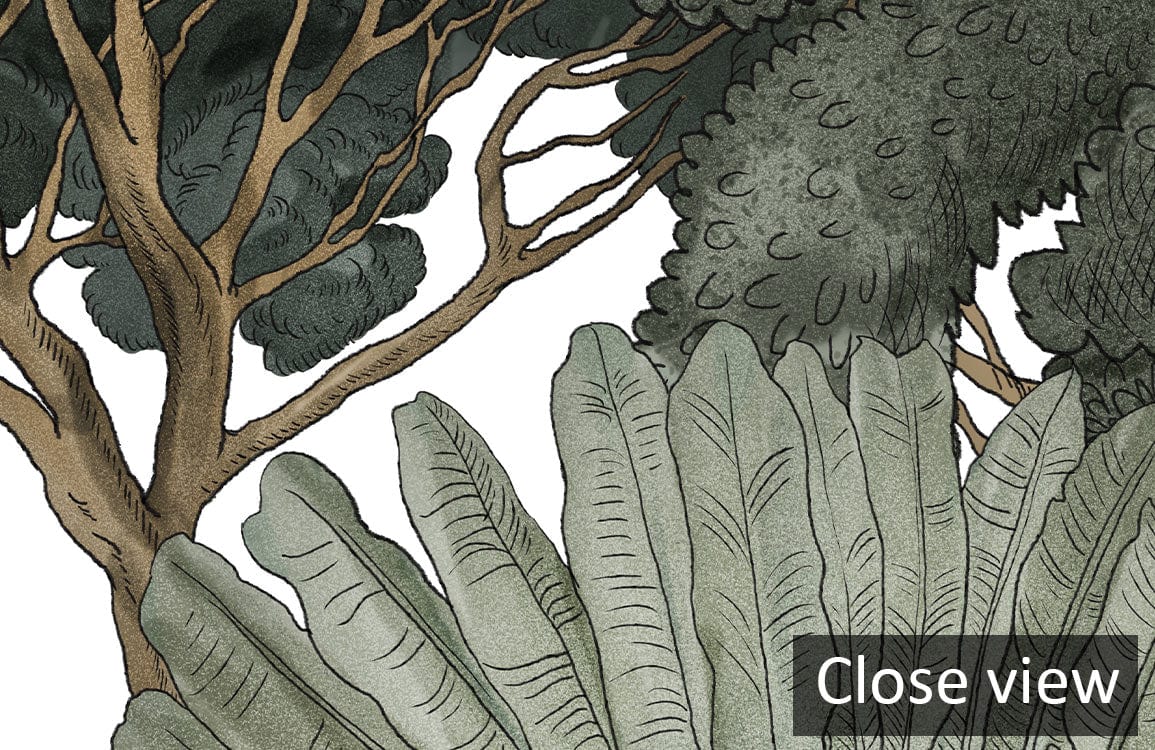 Close-up of Enchanted Forest Green Watercolour Mural Wallpaper featuring lush greenery and tree branches.