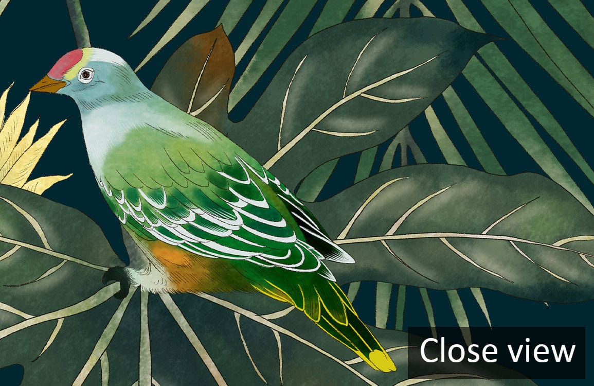 Tropical Jungle Paradise Dark Green Wallpaper featuring exotic foliage and bird design, close-up view.