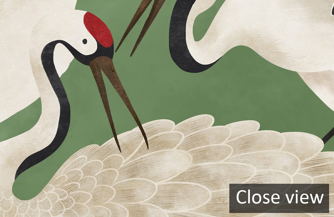 Close-up of elegant green crane motif wallpaper featuring timeless oriental style Décor.