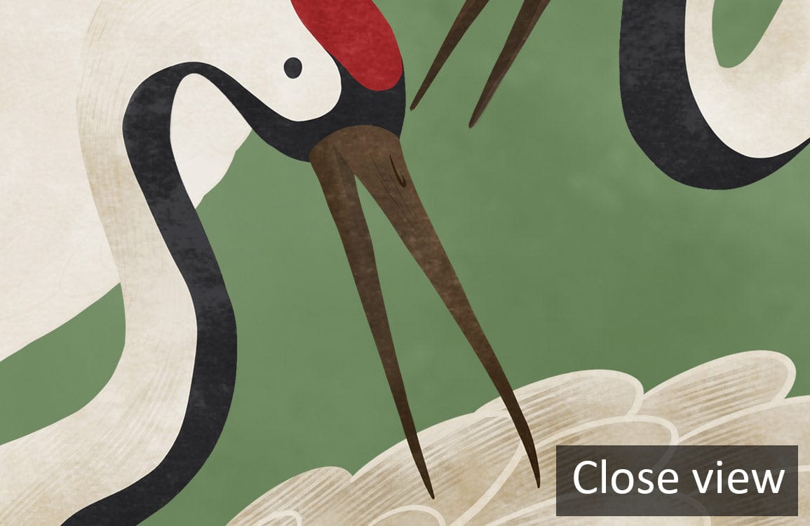Elegant Green Crane Motif Wallpaper, close view of Oriental design, featuring timeless artistic decor elements.