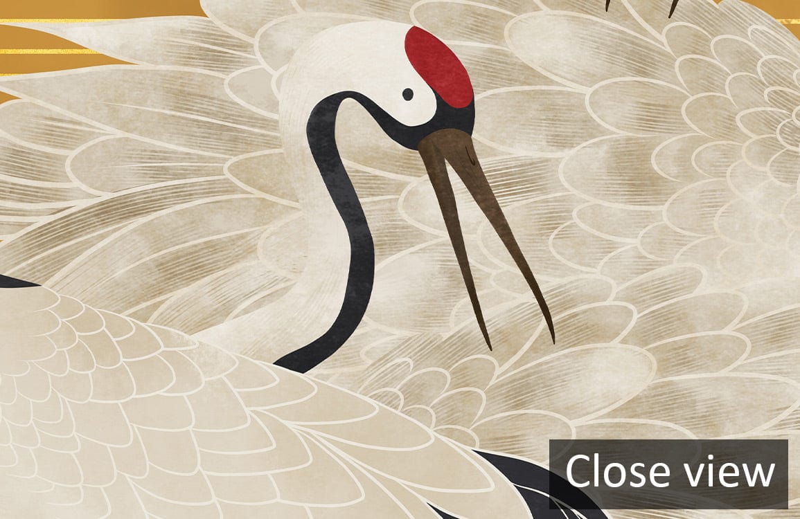 Elegant Golden Crane Mural Wallpaper showcasing Asian-inspired nature design with intricate crane details.