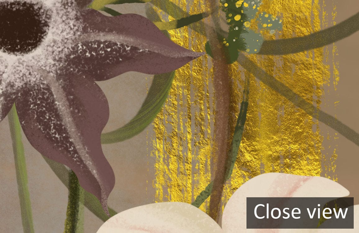 Close view of Whimsical Floral Dreamscape Mural Wallpaper featuring soft vintage botanical elegance and textures.
