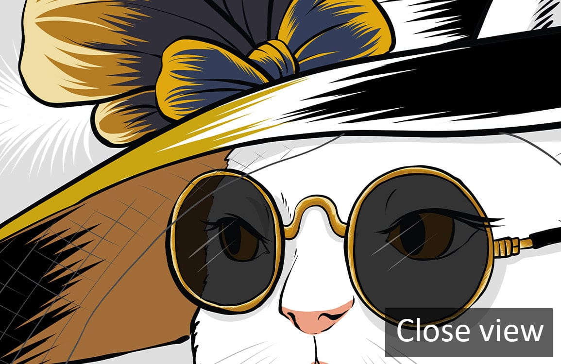 Elegant Cat in Hat Vintage Style Wallpaper - Chic Design with Glasses, Bow Hat, Close-Up View.'