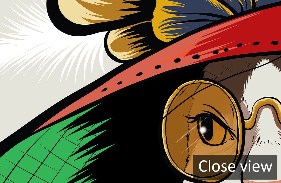Chic Cat mural wallpaper, vintage style, colourful hat design; close-up artistic detail view.