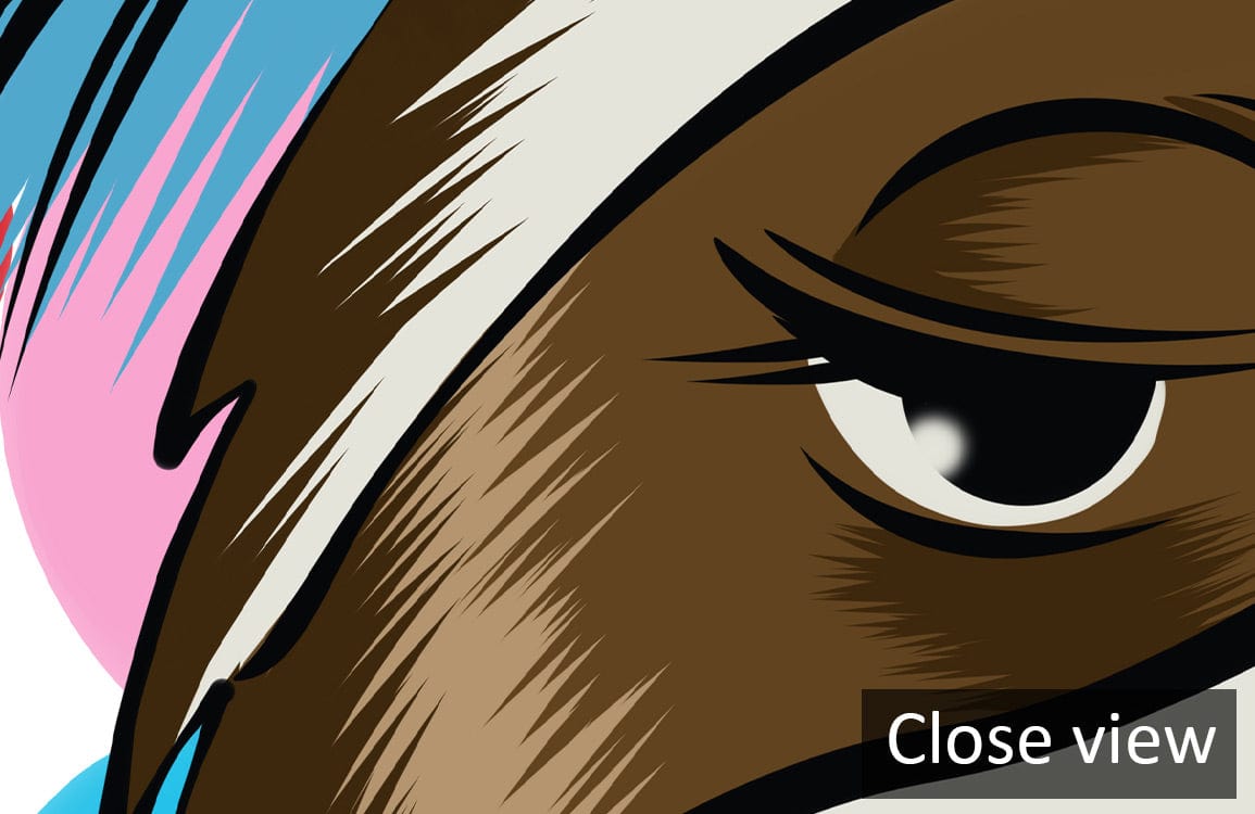 Vibrant Hipster Sloth Mural Wallpaper detail, close-up design with colourful headphones and cap.