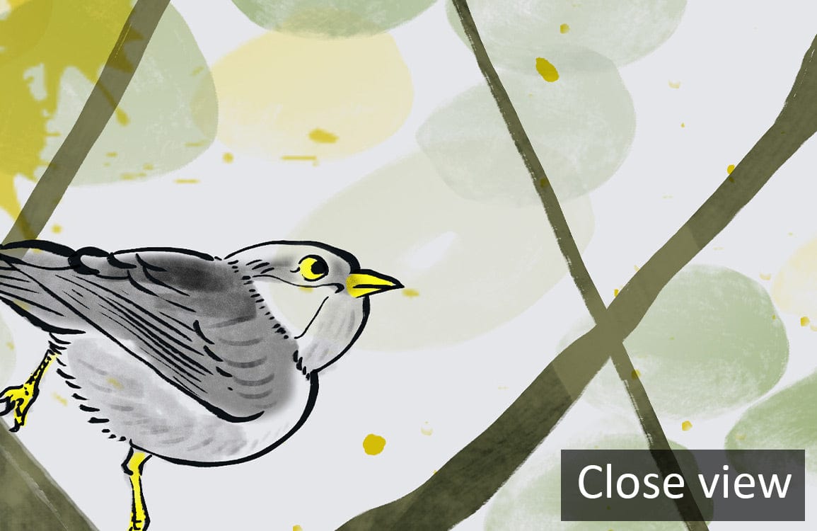 Serene Green Tree Pattern Wallpaper, nature-inspired mural with bird illustration, close-up view.