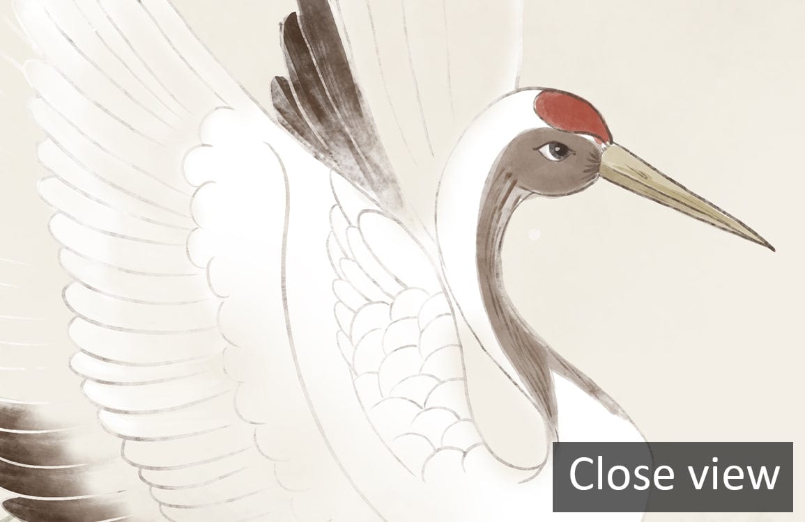 Close-up of Serene Crane Landscape Mural Wallpaper showcasing elegant crane design and natural tones.