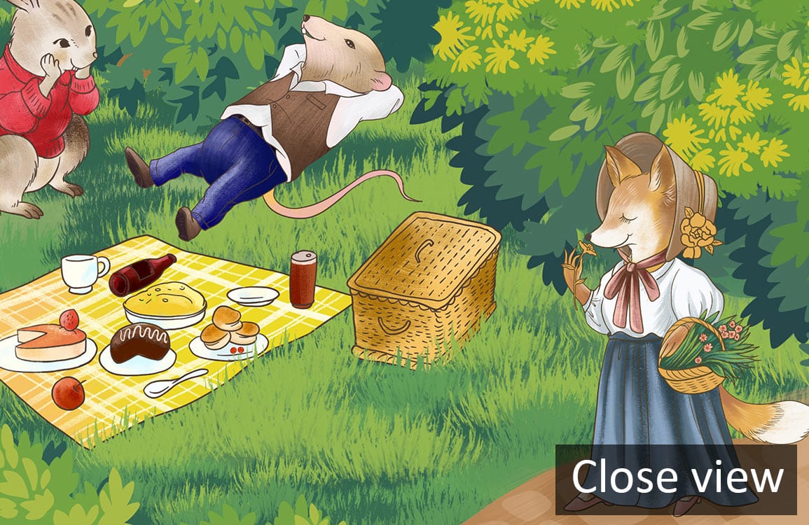 Vintage countryside picnic mural: lush trees, playful scene, vibrant nature-inspired wallpaper for cosy settings.