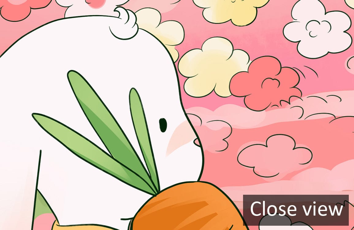 Close view of whimsical pastel fantasy mural featuring cute animal friends and colourful clouds pattern.