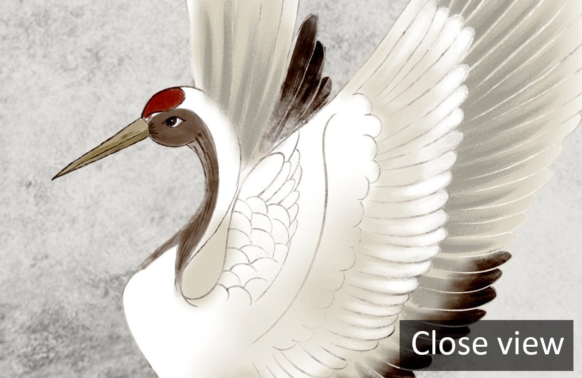 Close-up of Graceful Crane Dance wallpaper, elegant grey and white design, nature-inspired with crane motif.