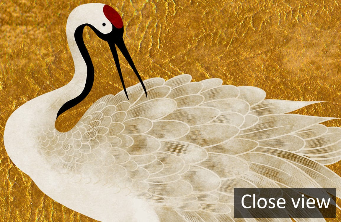 Elegant Golden Crane Wallpaper with vintage oriental bird pattern design in close view detail.