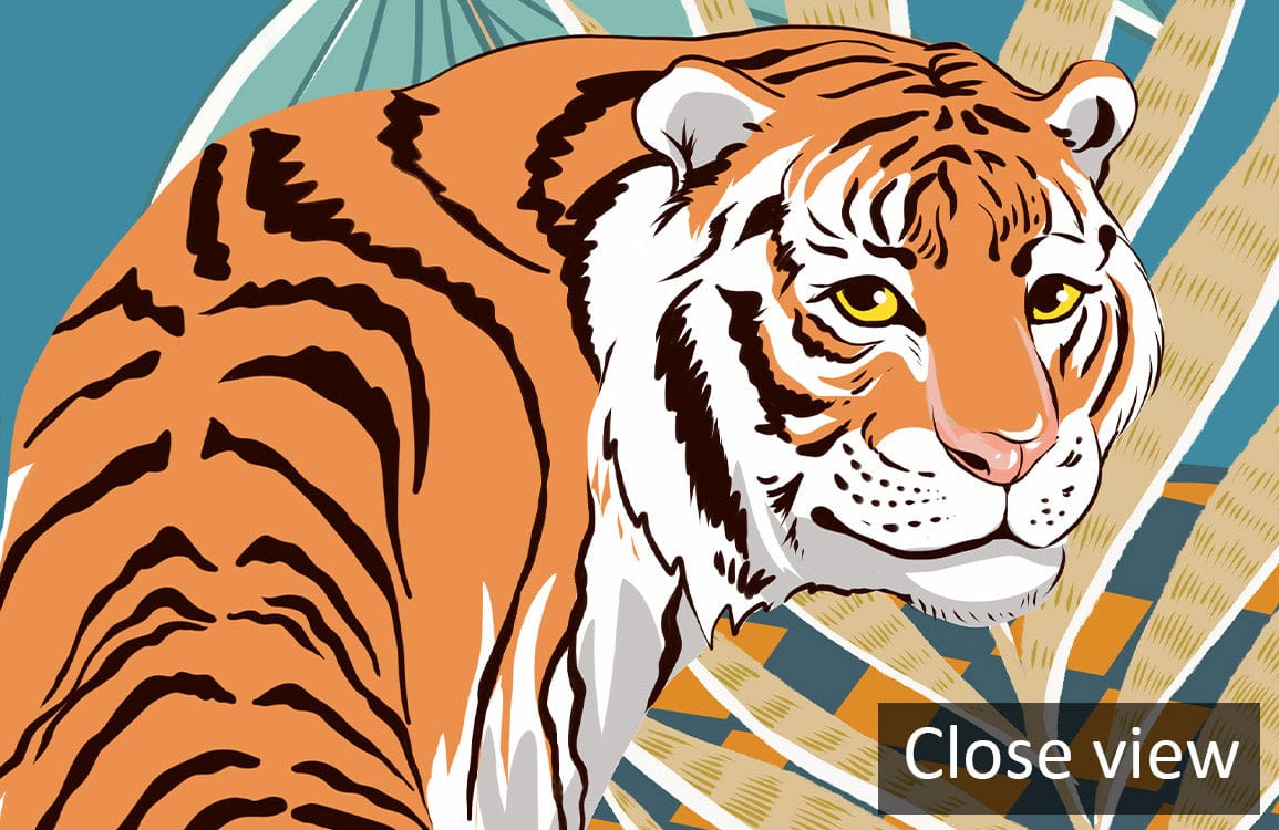 Tropical Safari Wallpaper: Jungle Design, Tiger Feature, Blue and Orange Accents, Close View Display.