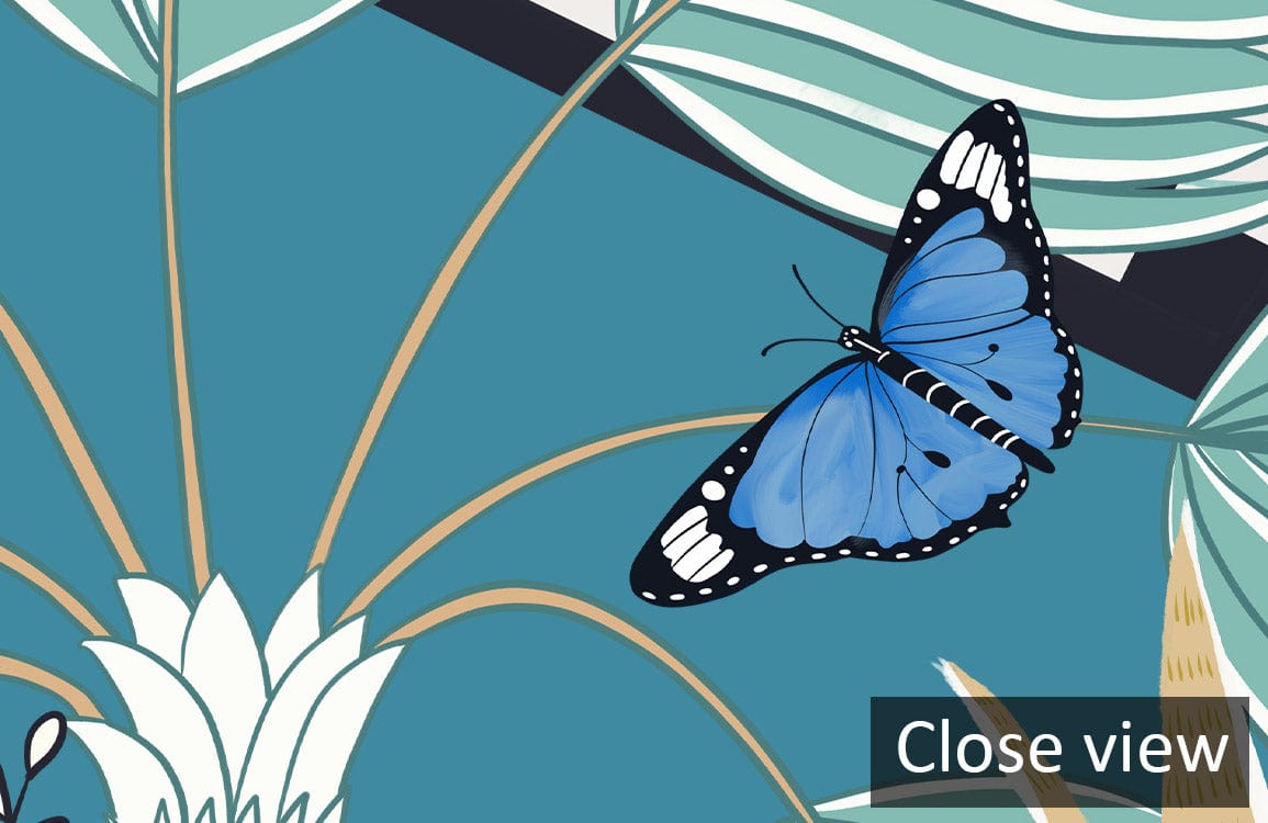 Close-up of Exotic Jungle Safari Mural Wallpaper in blue, featuring butterfly and floral elements.