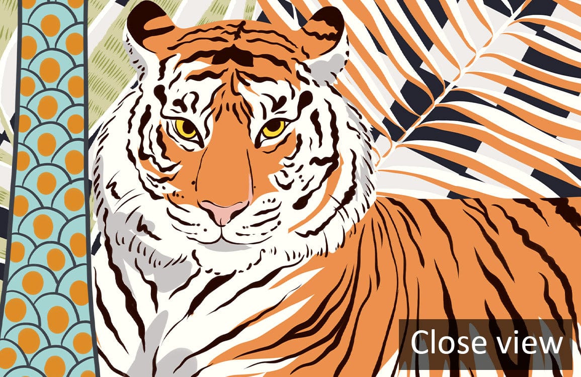 Exotic Jungle Safari mural wallpaper featuring tigers, vibrant patterns, and nature-inspired design elements.