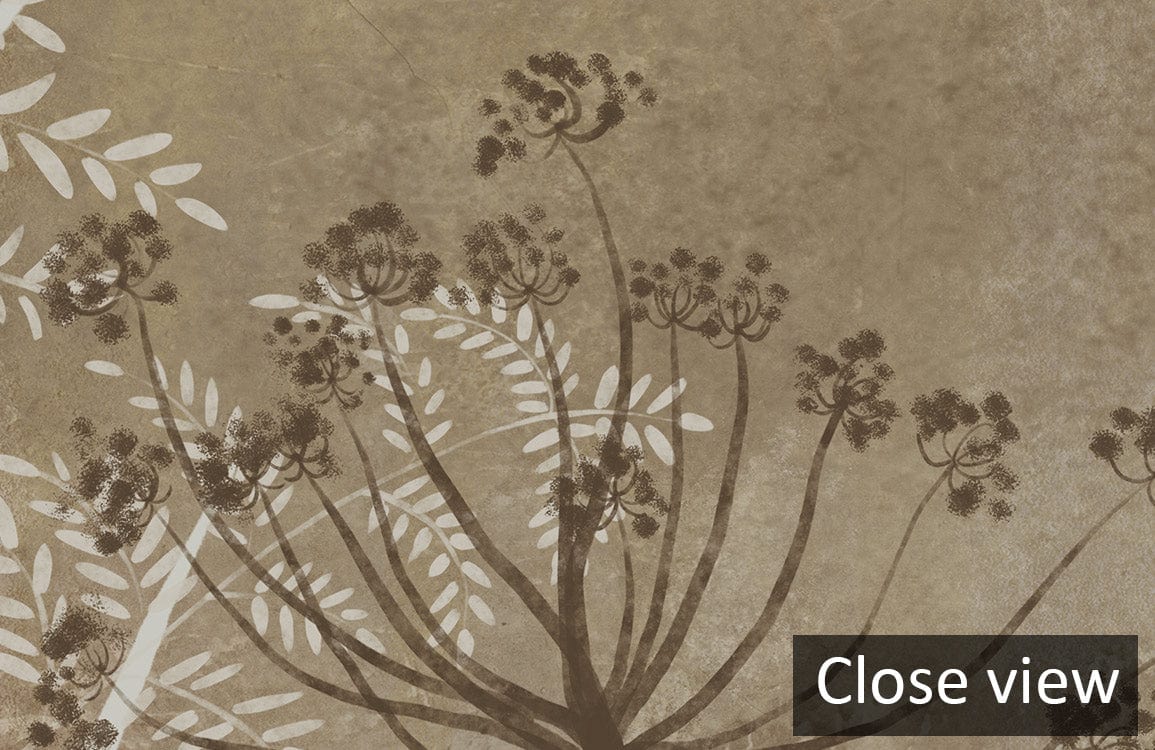 Close-up of rustic vintage botanical mural wallpaper in earthy tones showcasing elegant floral details.