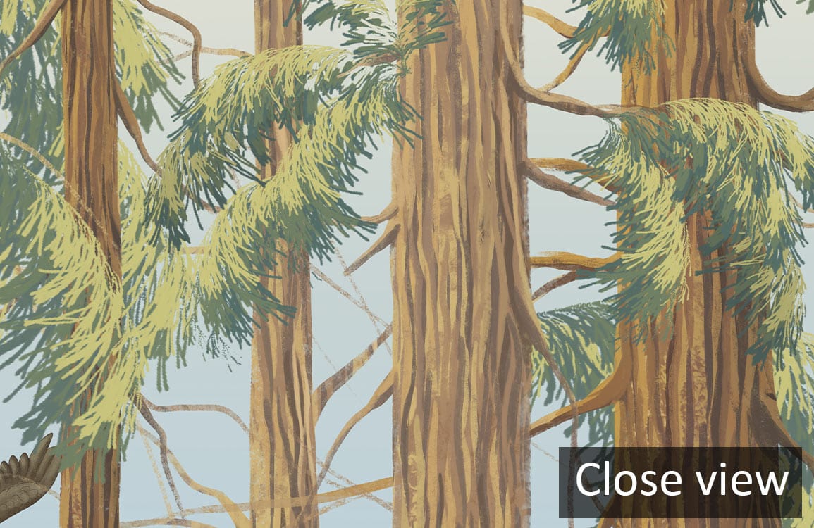 Tranquil Forest woodland mural wallpaper in natural green and brown tones, close view, forest pattern.