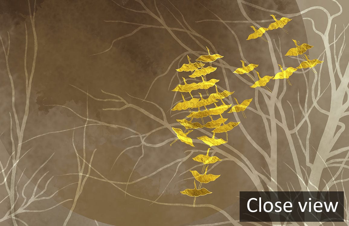 Golden Autumn Forest Mural Wallpaper in Elegant Earthy Tones, featuring intricate leafy patterns and branches.