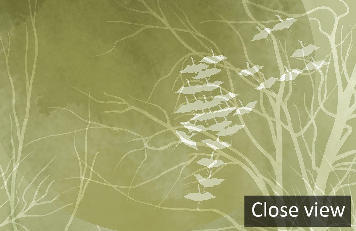 Close-up of Enchanting Green Forest Mist Mural Wallpaper featuring ethereal tree design with birds.