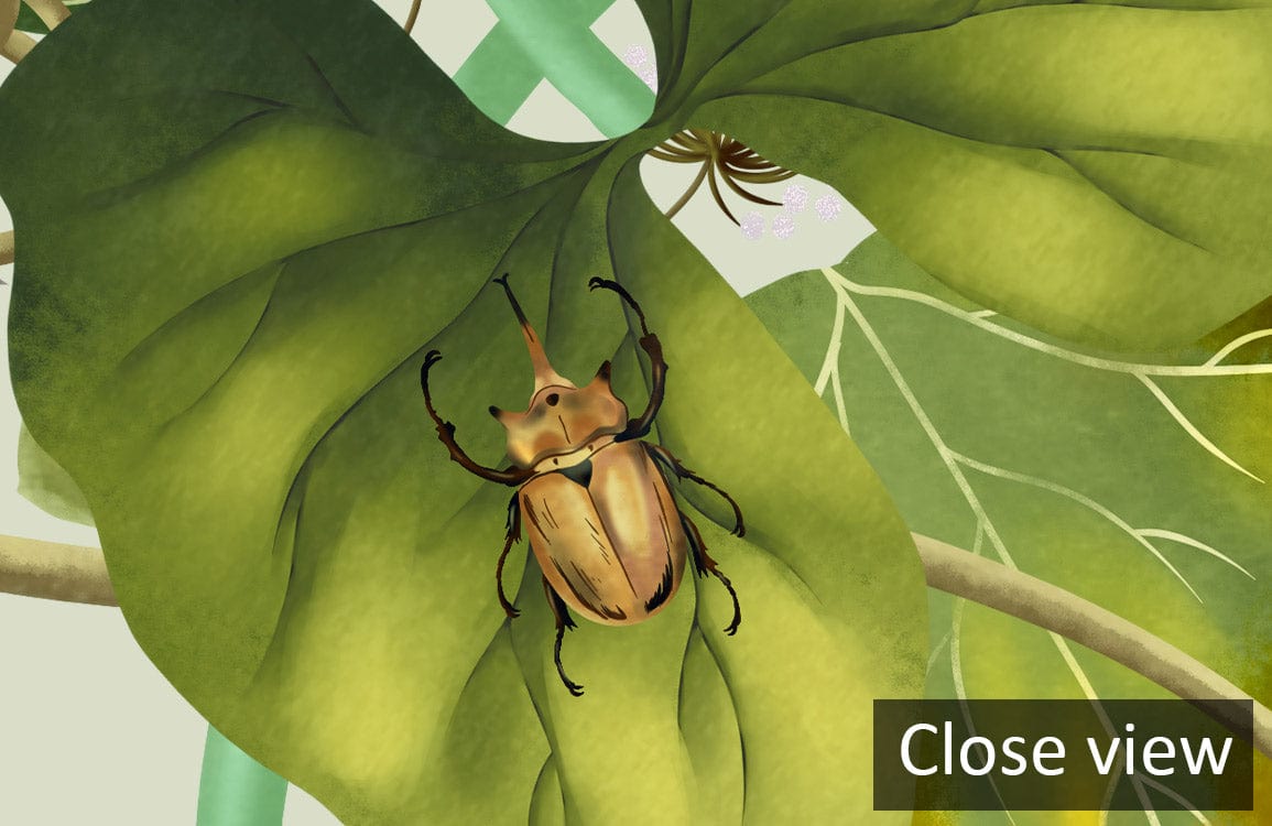 Close view of Tropical Safari Mural Wallpaper featuring wildlife beetle on lush green jungle leaves.