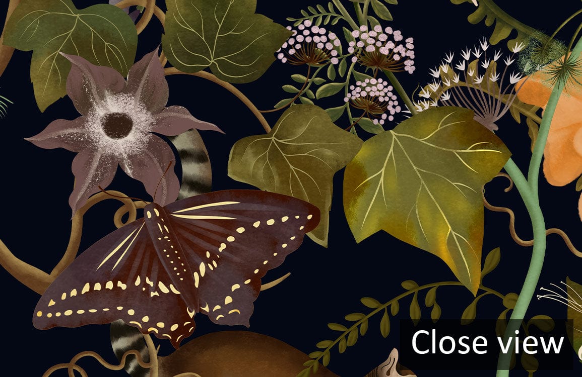 Close-up detail of luxury botanical jungle mural wallpaper, rich green and gold accents, floral pattern.