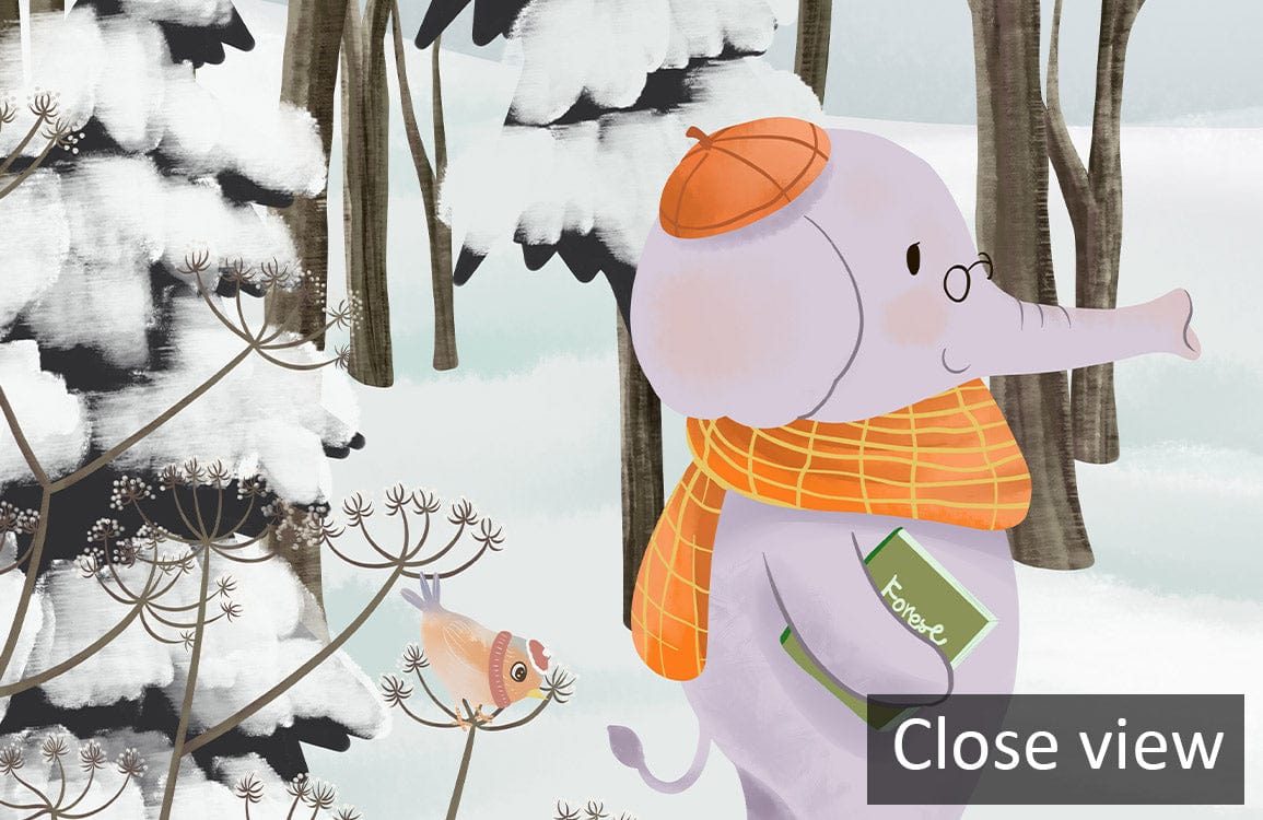Elephant in Winter Wonderland Animal Friends Mural Wallpaper, snowy forest scene, whimsical design detail shown.