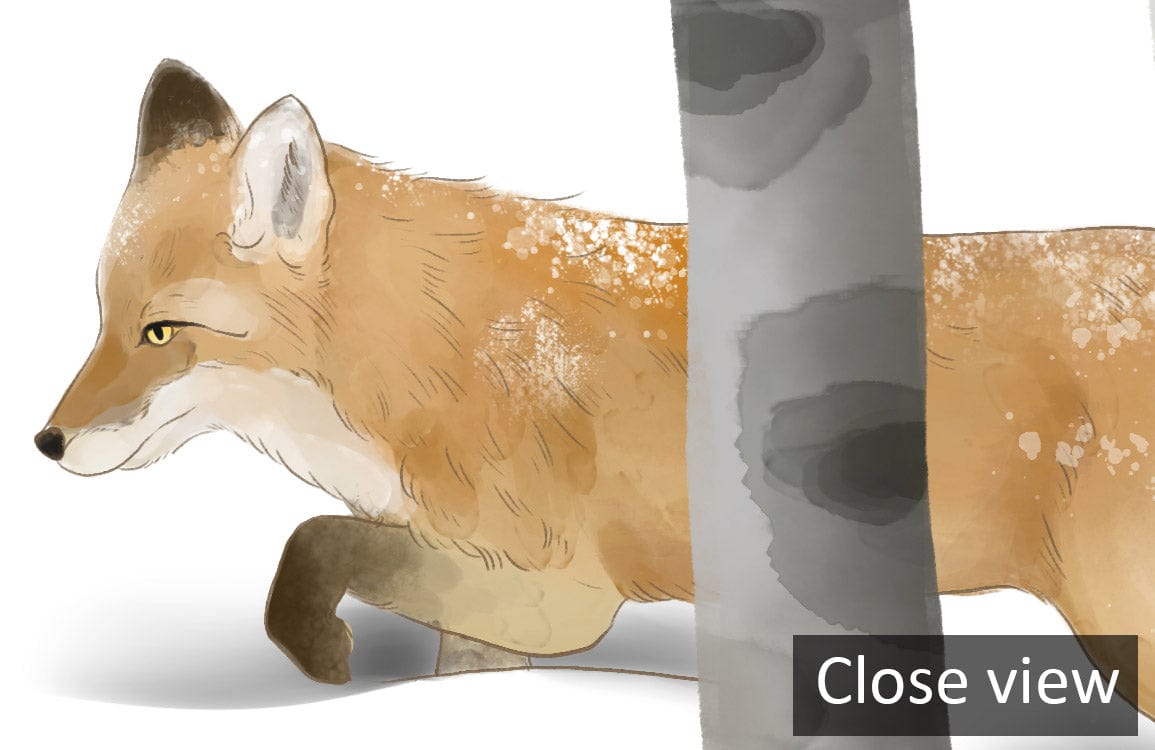 Close-up of fox in Winter Wonderland Birch Forest Mural Wallpaper, showcasing detailed snowy fur texture.