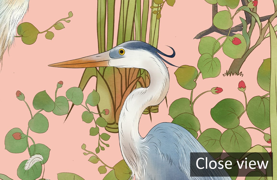Exotic Blue Heron Botanical Wall Mural with Pink and Green Nature Design, close-up view.