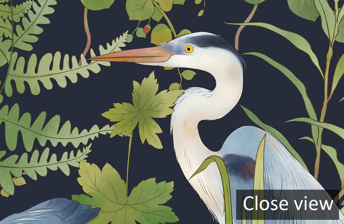 Elegant blue heron botanicals wallpaper with lush greenery pattern, featuring intricate natural details.