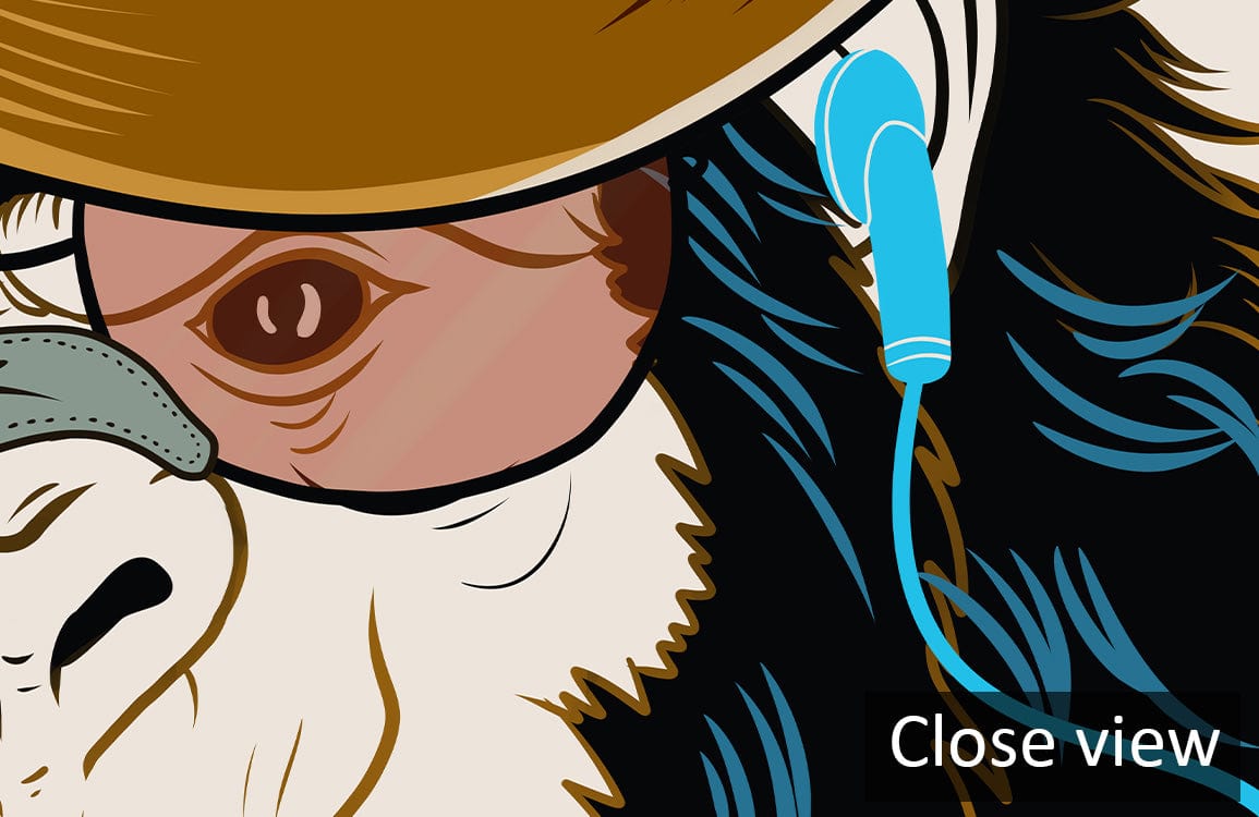 Chic Monkey hipster mural wallpaper close-up with brown hat, glasses, and headphones detail.
