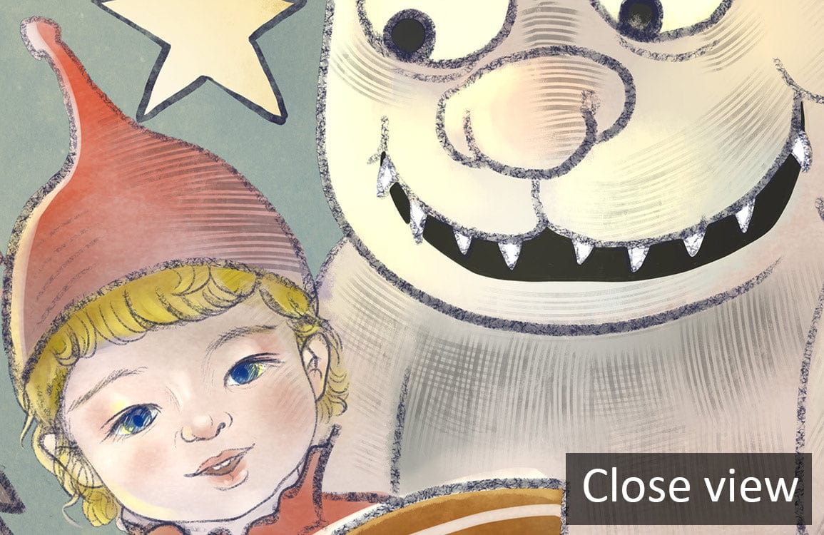 Close-up of Cosy Night Forest Adventure Mural Wallpaper featuring whimsical creatures and playful characters.