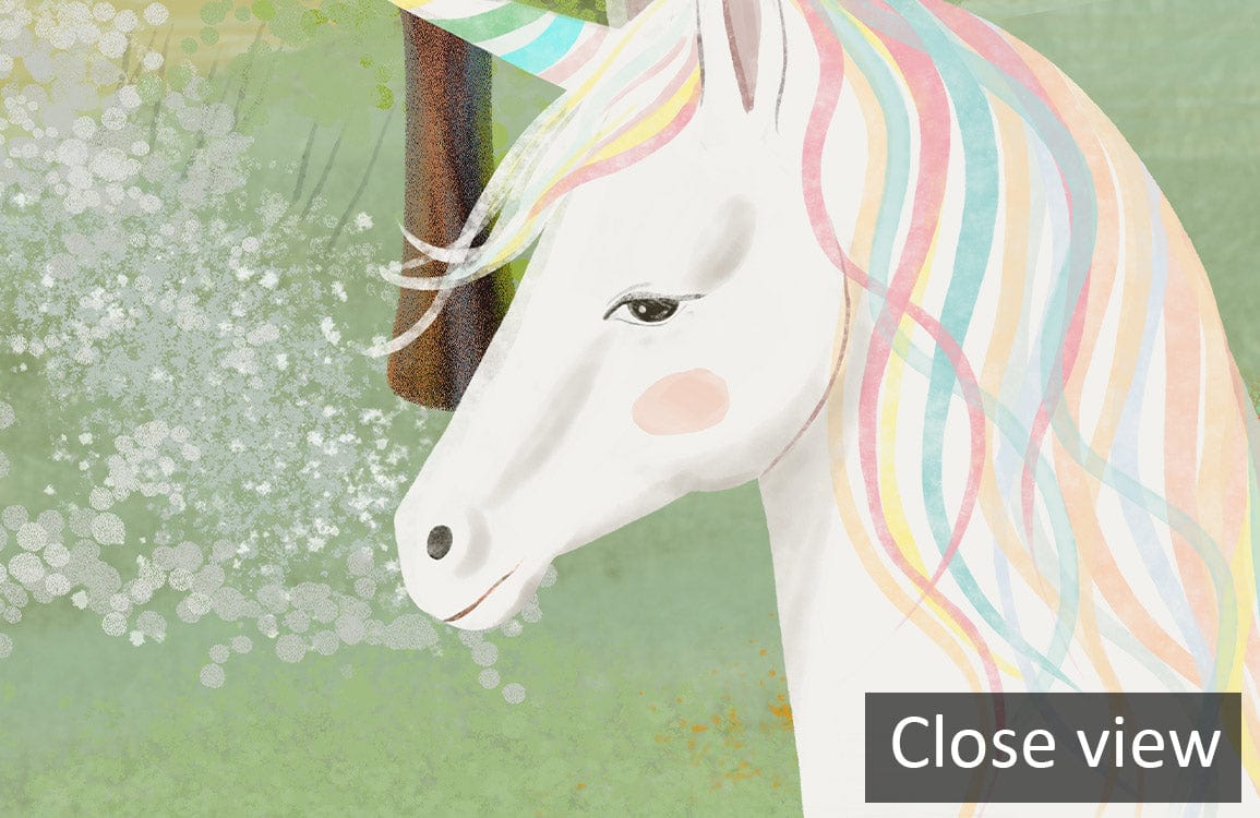 Close-up of Enchanted Forest Unicorn Mural Wallpaper in pastel hues for children's room decor.
