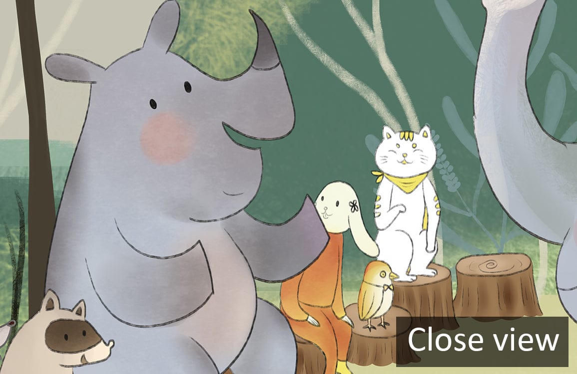 Close view of Whimsical Forest Friends Adventure wallpaper featuring playful animals in soft pastels.