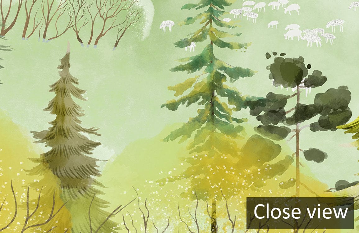 Close-up of Serene Pastel Forest Landscape Mural Wallpaper - tranquil green nature design details.