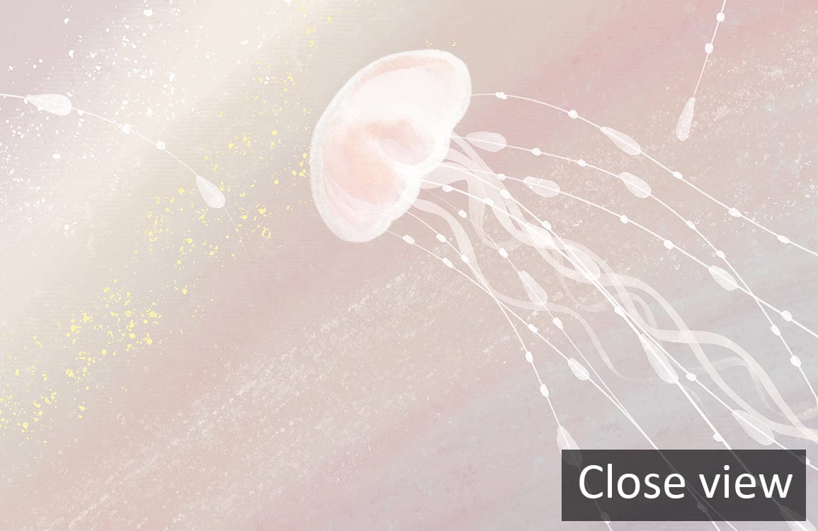 Ethereal Pink Cosmic Jellyfish Wallpaper Mural, dreamy pastel space design, close-up detailed view.